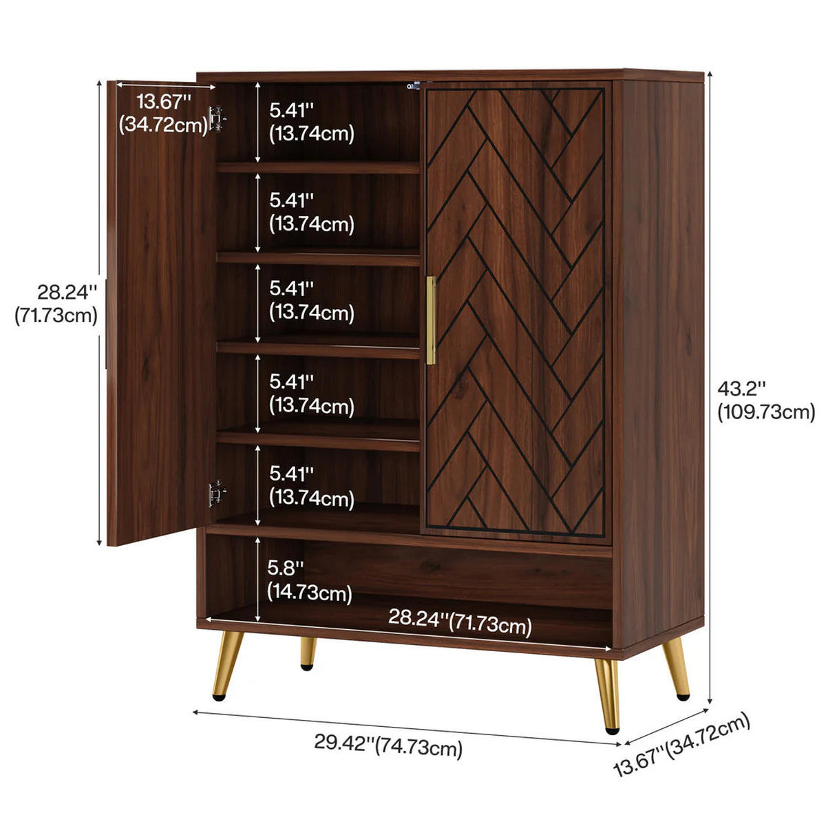 SCHUHSCHRANK mit 7 Ebenen, Chevron-Muster, Nussbaumoptik - Walnussfarben, Holzwerkstoff (75/110/35cm) - Urban Meuble