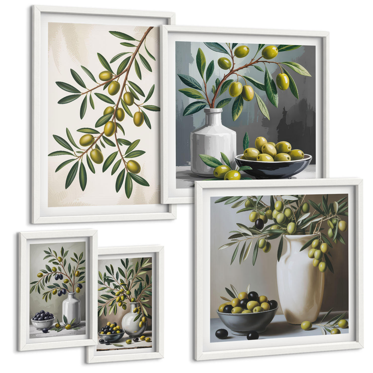 BILDER SET 5er Set - 50x50 cm & 20x30 cm & 40x60 cm Weißer Rahmen - Oliven in grauen Vasen - Weiß, Kunststoff (40/60cm) - TULUP