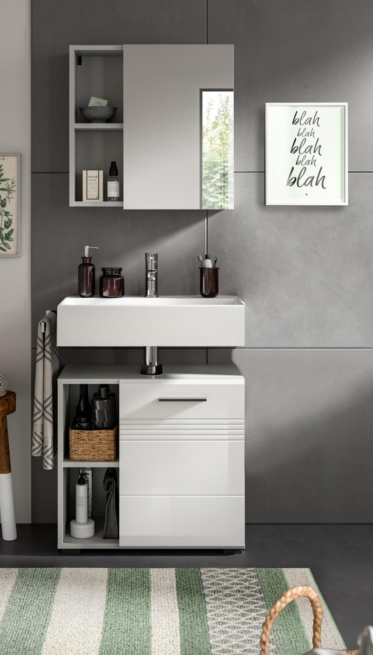 BADMÖBEL-SET 2-teilig weiß Hochglanz, grau 60 cm, Komplettset mit Soft-Close - Weiß Hochglanz/Grau, Glas/Holzwerkstoff (60/190/32cm) - Inn.Furn