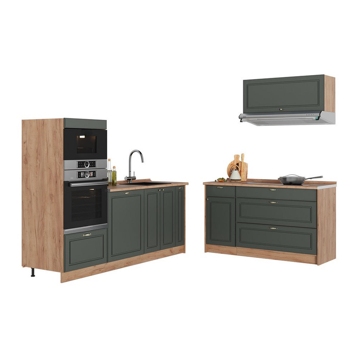 KÜCHENZEILE Fame-Line, Grün-Gold Landhaus/Goldkraft Eiche, 340 cm ohne Arbeitsplatte - Honigeiche/Grün, Holzwerkstoff (340/153.6/51.6cm) - Vicco