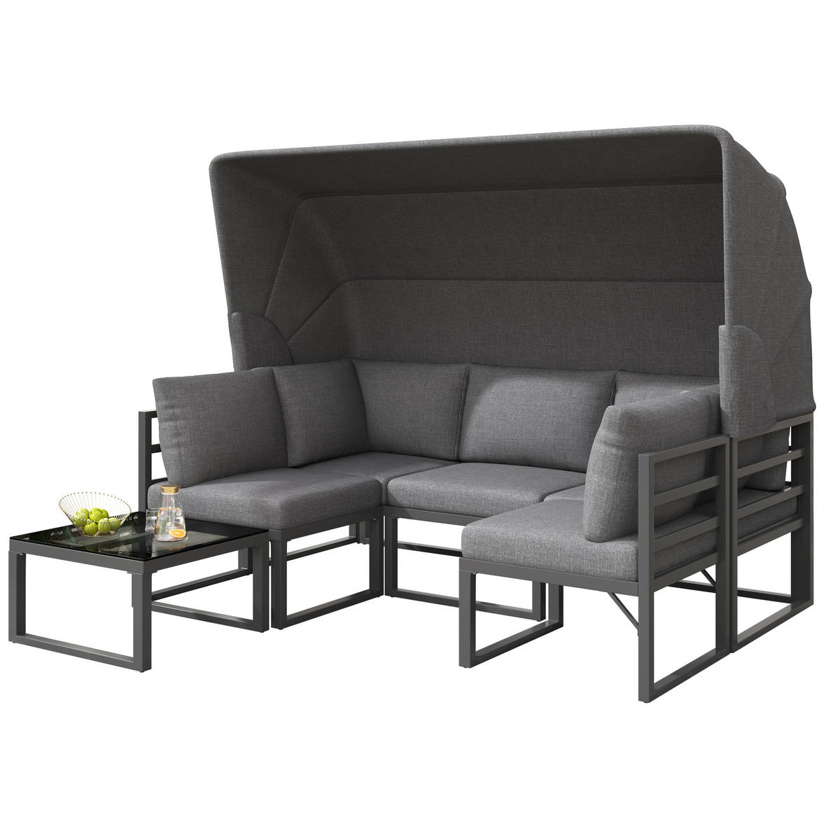 LOUNGESESSEL Set Iron Sunny Island mit Hocker Tisch und Markise 4teilig Wetterfest für Balkon Garten Grau mit Kissen - Grau, Metall