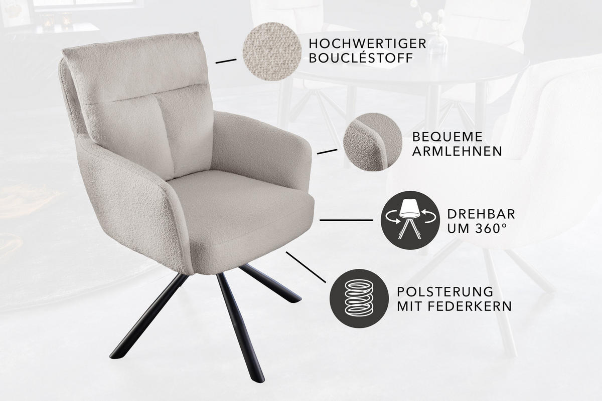 ARMLEHNSTUHL BIG GEORGE Bouclé Greige - Taupe/Beige, Textil/Metall (60/92/67cm) - riess-ambiente