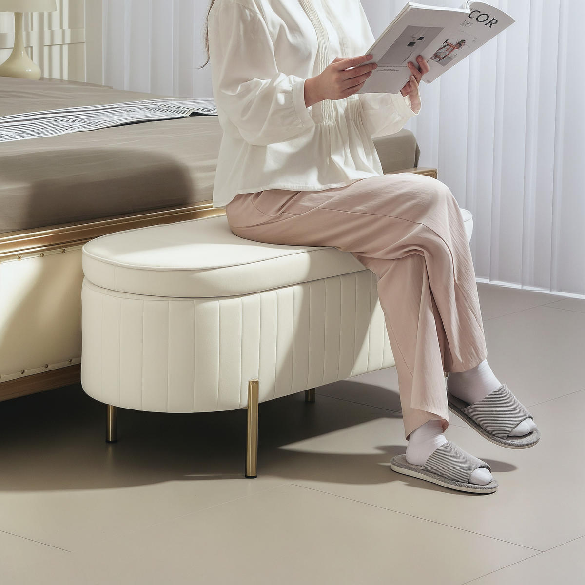 SITZBANK Polyester Metall Cremeweiß - Goldfarben/Creme, Textil/Metall (44/43.5/108cm) - HOMCOM