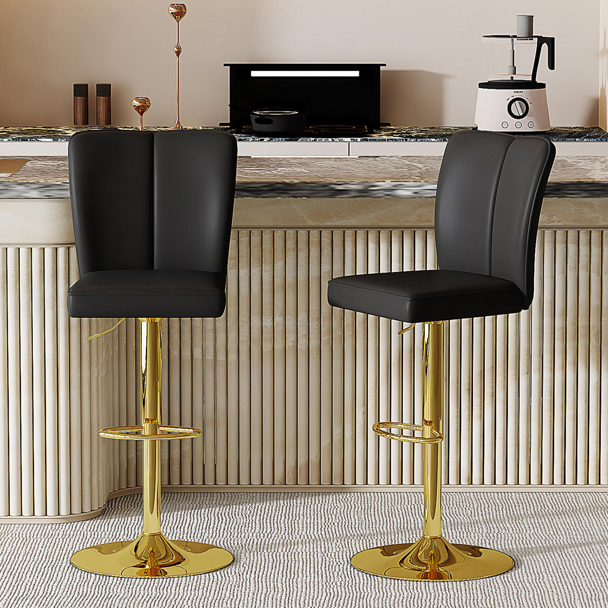 BARHOCKER 2er-Set Schwarz-Gold höhenverstellbar & 360° drehbar mit PU-Leder - Schwarz, Metall (44.5/95.5/44cm) - PANGIVO