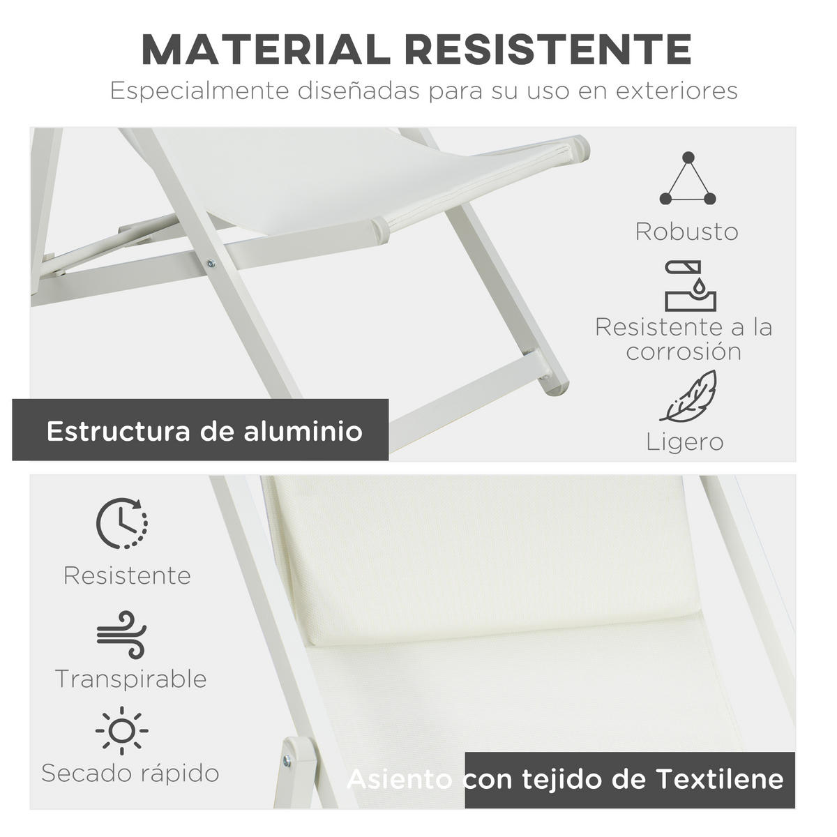 ALUMINIUM-SONNENLIEGE, 2er-Set, Weiß, 5-fach verstellbare Rücken- und Kopfstütze, 60 x 100 x 85 cm - Weiß, Metall (100/85/60cm) - Vallsero