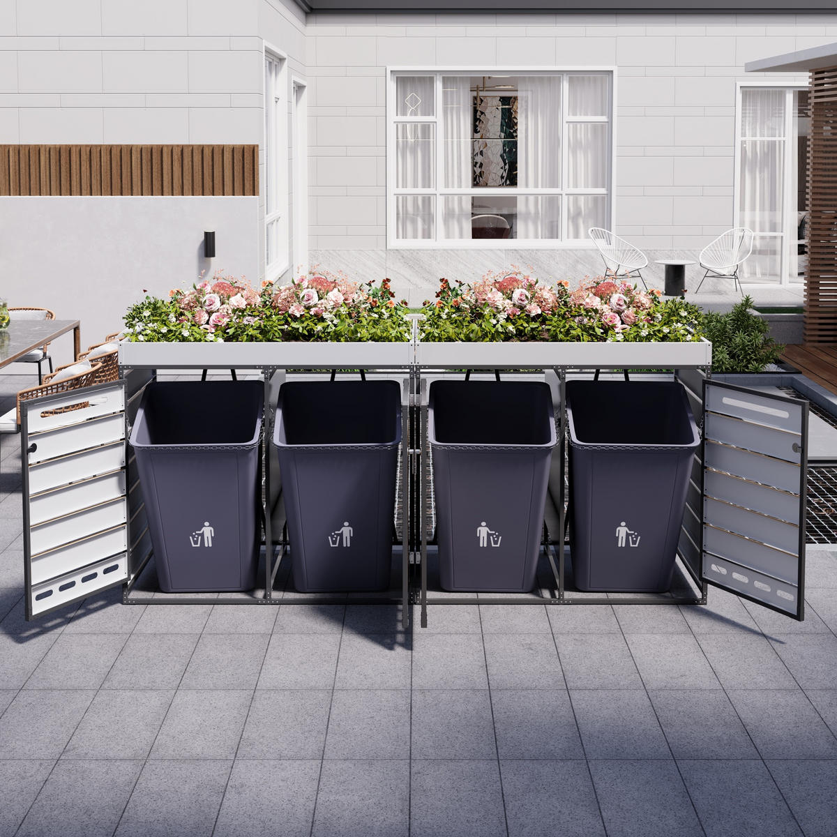 MÜLLTONNENBOX Pflanzkasten Holzoptik horizontal Schloss - Schwarz, Metall (262/120/79cm) - LEBENLANG