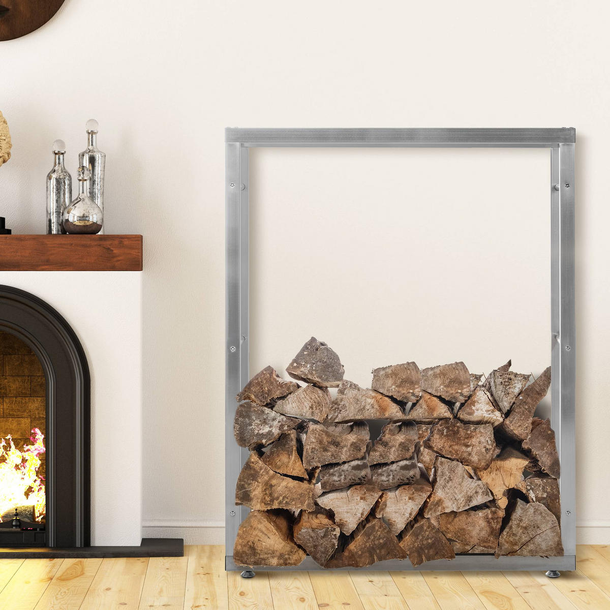 KAMINHOLZREGAL innen Metall SATLO Kaminholzständer Edelstahl 25x100x125 cm - Edelstahlfarben, Metall (125/100/25cm) - DELUKE