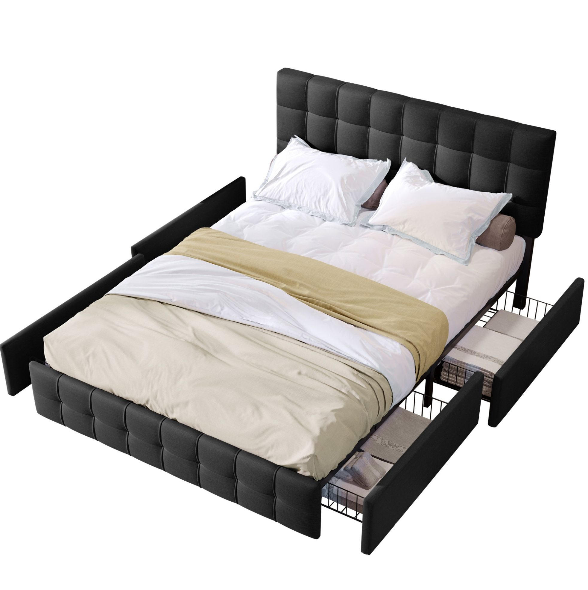 POLSTERBETT mit 4 Schubladen 140x200 cm Leinen Schwarz - Schwarz, Metall (140/200cm) - Meubliv