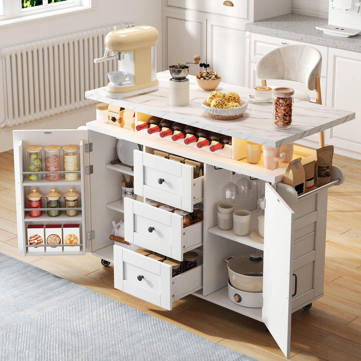 KÜCHENINSEL Weiß aus MDF mit farbwechselnder LED-Leiste & klappbarer Platte 138 × 60 × 93 cm - Weiß, Holzwerkstoff (138/93/60cm) - Luhomfu