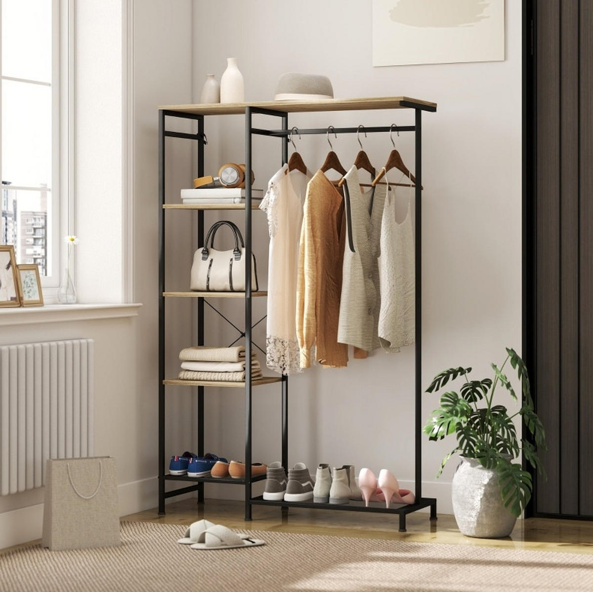 STANDGARDEROBE 100/35/156 cm mit Kleiderstange, Ablage und Schuhregal im Industrial-Stil, Eichefarben/Schwarz - Eichefarben, Metall (100/156/35cm) - Redom