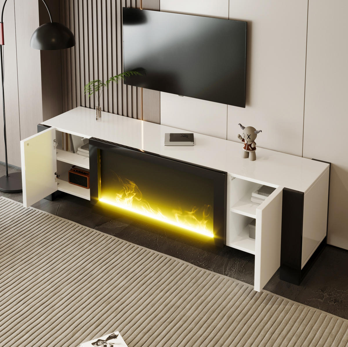 TV-ELEMENT mit Elektrokamin 165 x 32 x 55 cm Weiß/Schwarz - Weiß, Holzwerkstoff (32/55/165cm) - Beauniv