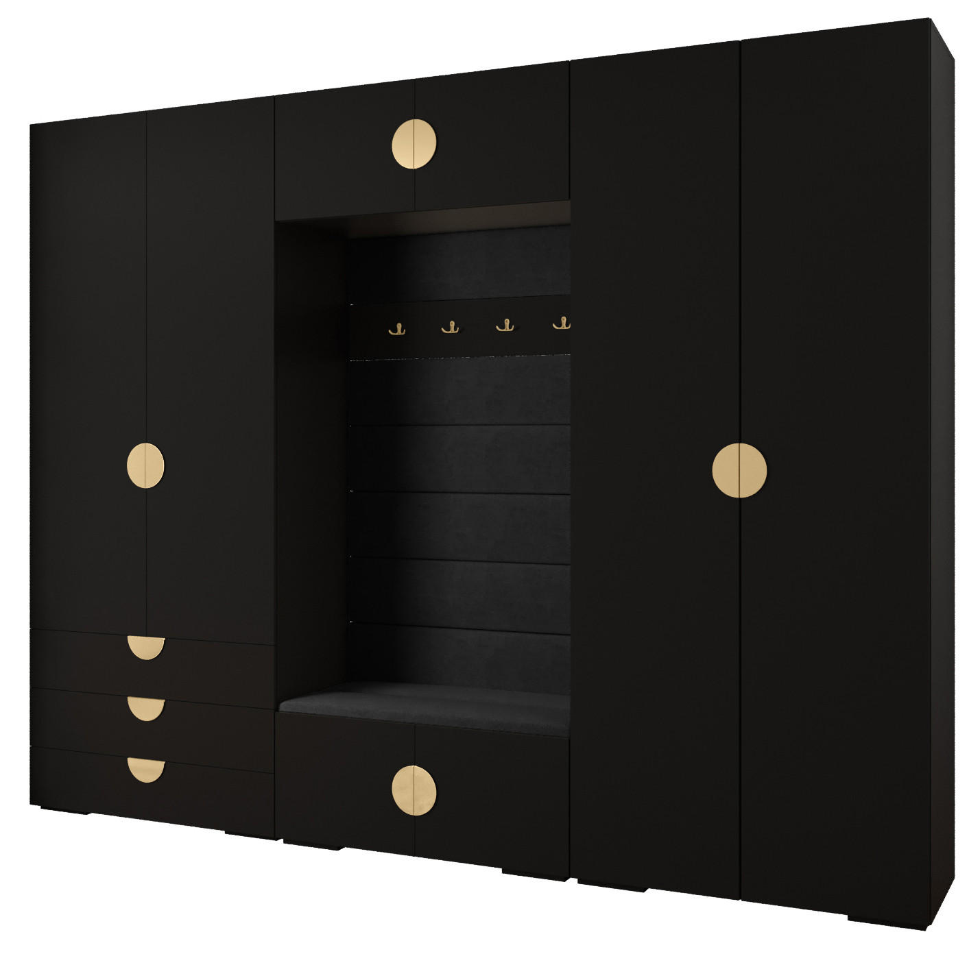Abiks Möbel Garderoben-Set Schwarz, Schwarz, Gold 300x236.7x47 cm