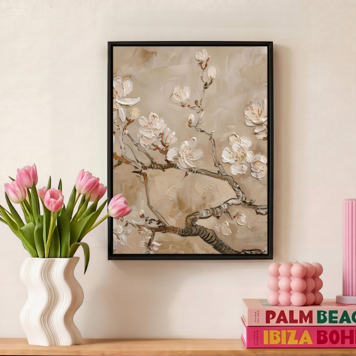 LEINWAND Bilder mit Rahmen - Blumen - Modern - Beige - Weiß - Blüte - 30x40 - Beige, Textil (30/40cm) - MuchoWow