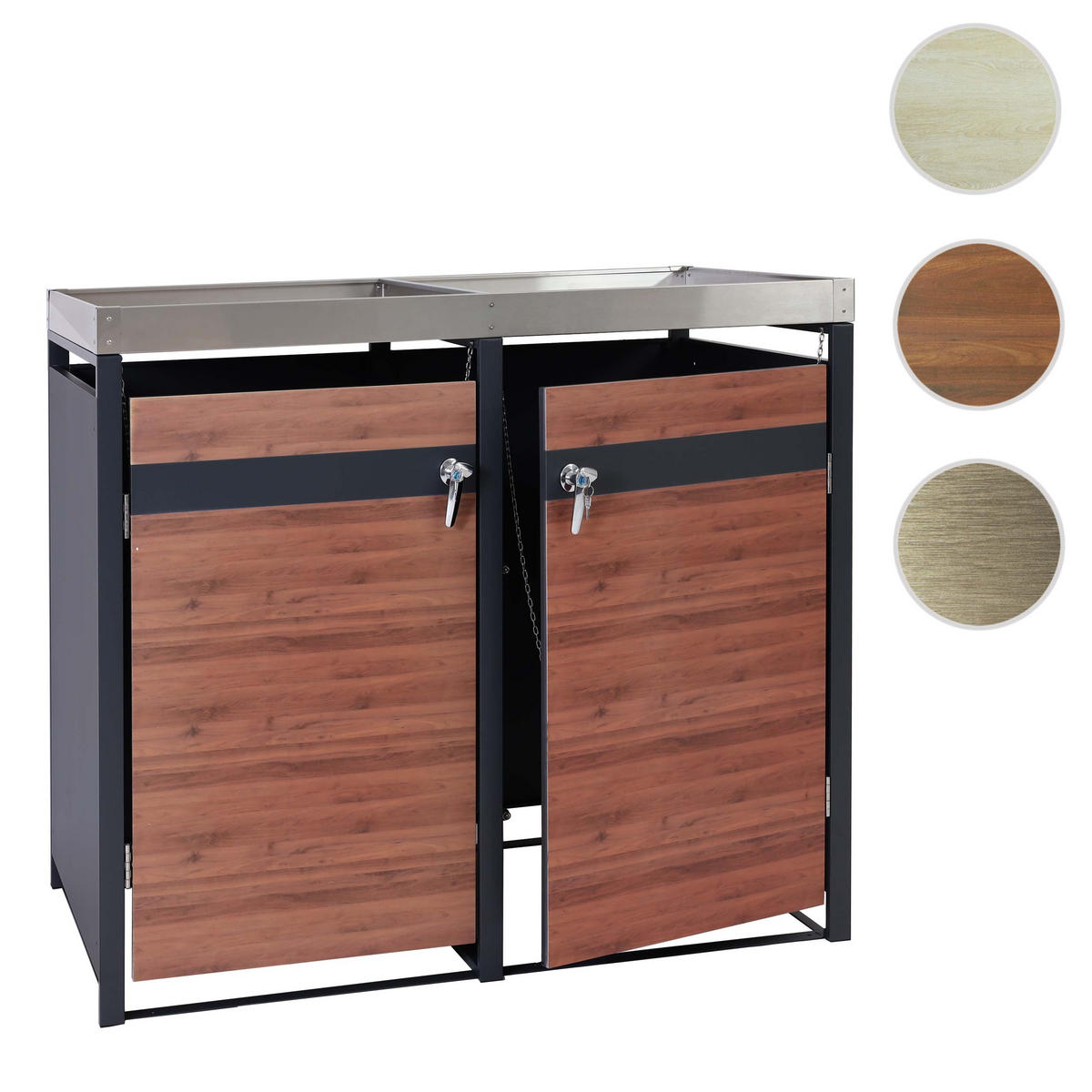 MÜLLTONNENBOX 2er mit Pflanzkasten 125x132x80cm Anthrazit Kirsche-Holzoptik Dunkelbraun erweiterbar - Kirschbaumfarben, Metall (132/125/80cm) - PROREGAL