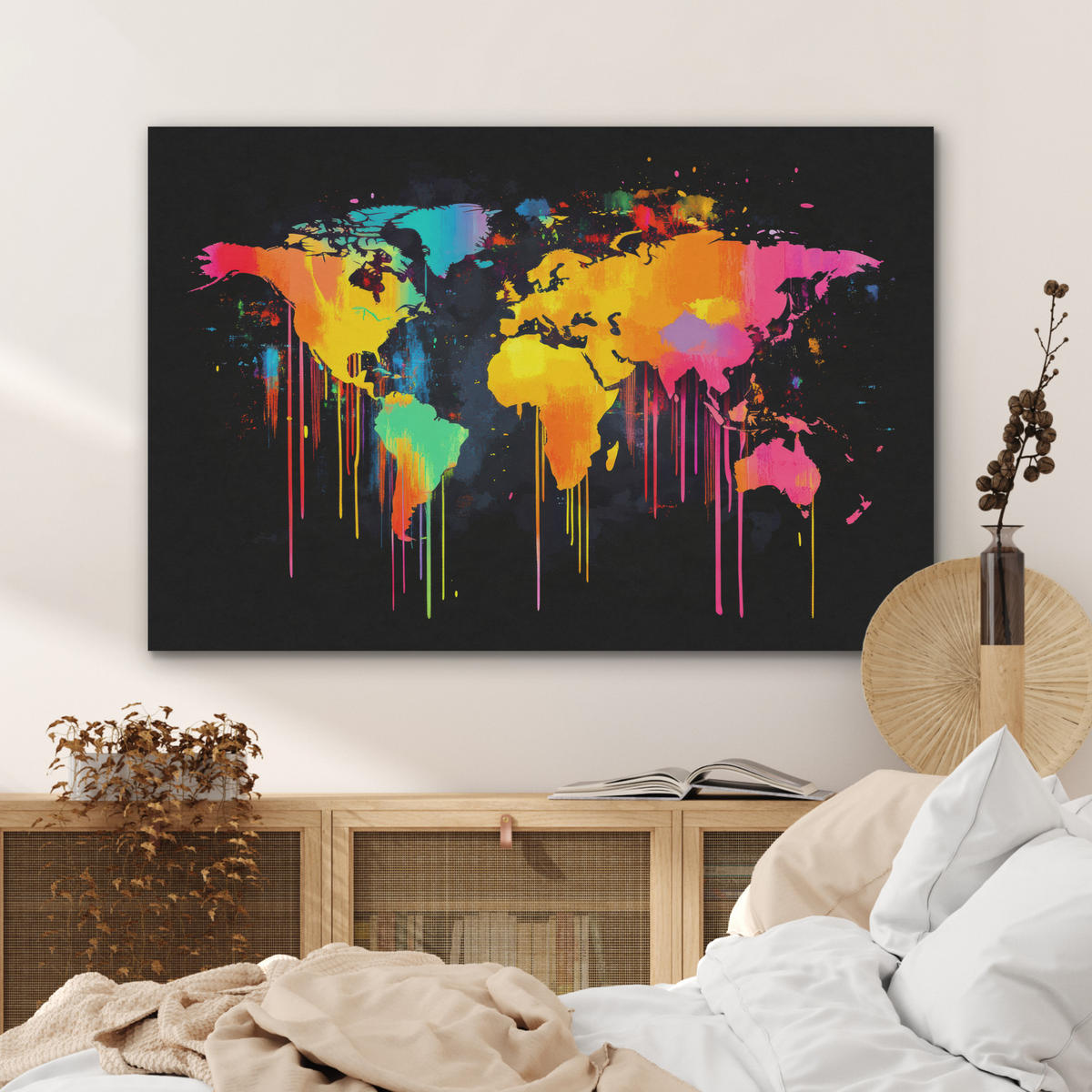AKUSTIKBILD Weltkarte - Farbe - Bunt - Graffiti - Welt Akustikpaneele 90x60 cm - Multicolor, Kunststoff (90/60/0.9cm) - MuchoWow