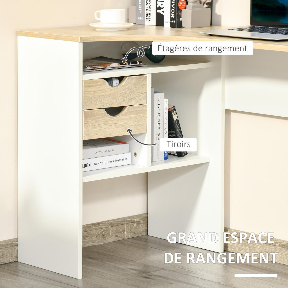 ECKSCHREIBTISCH Eiche-Optik hell mit 2 Schubladen und 3 Fächern 120/60/74 cm - Weiß, Holzwerkstoff (60/120/74cm) - PANGIVO