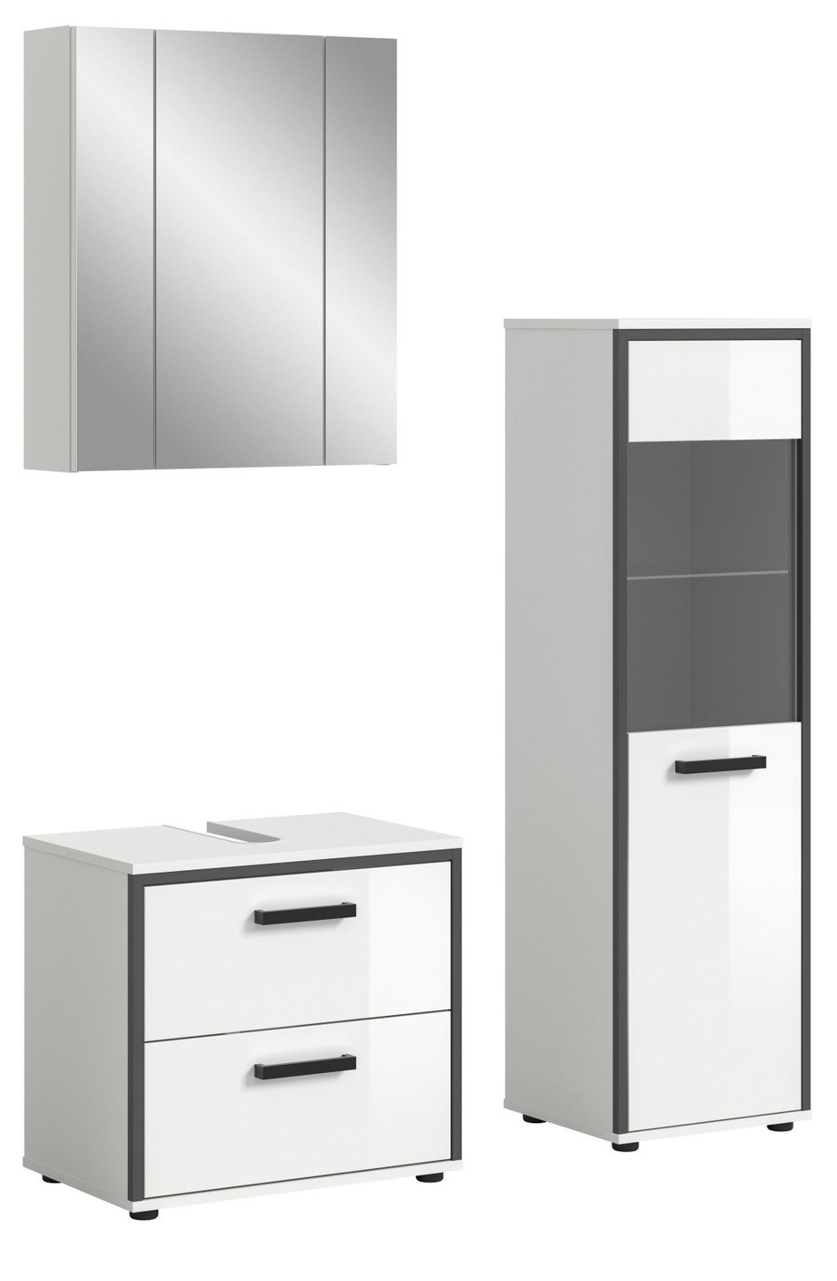 BADMÖBEL-SET 3-teilig weiß Hochglanz, grau, Badkombination 115 x 190 cm - Weiß Hochglanz/Schwarz, Glas/Holzwerkstoff (115/190/37.5cm) - Inn.Furn