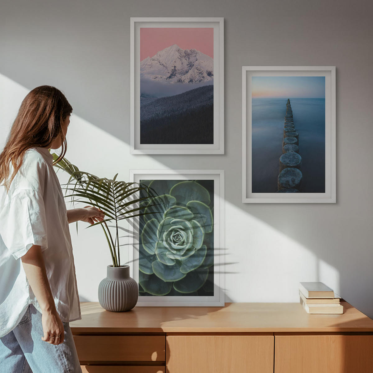 WANDBILDER 3er-Set - 40x60 cm Weißer Rahmen - Berge, rosa Himmel, Wasser, Sukkulente - Weiß, Kunststoff (40/60cm) - ArtPrintCave