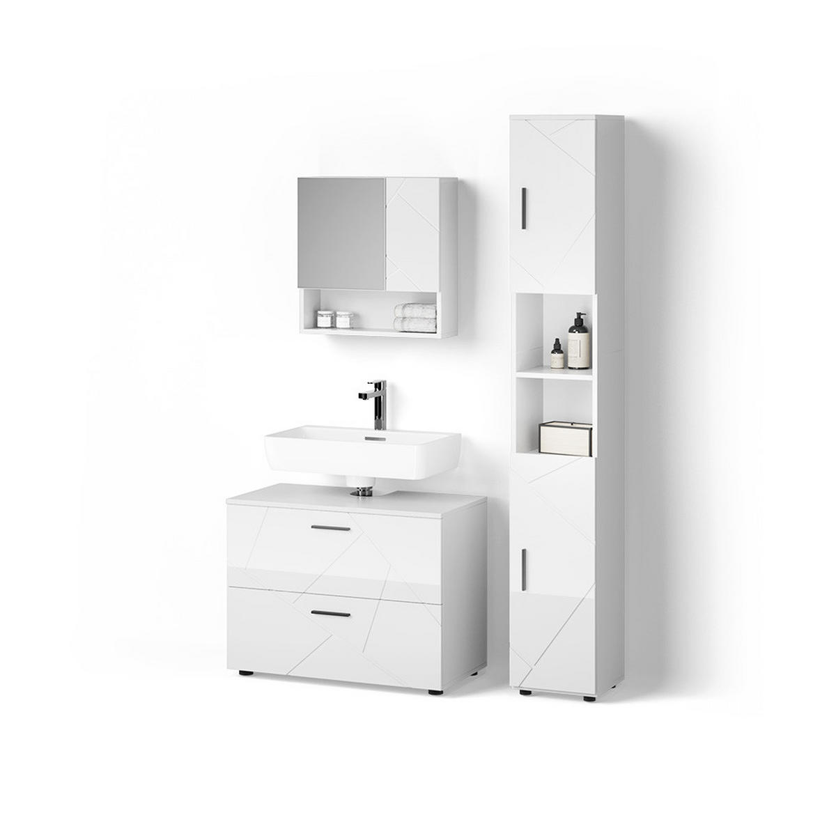 BADMÖBEL-SET Ronco Weiß Hochglanz 3 Teile, mit Schubladenschrank und Hochschrank - Weiß Hochglanz/Weiß, Holzwerkstoff (80/58/41cm) - Livinity®
