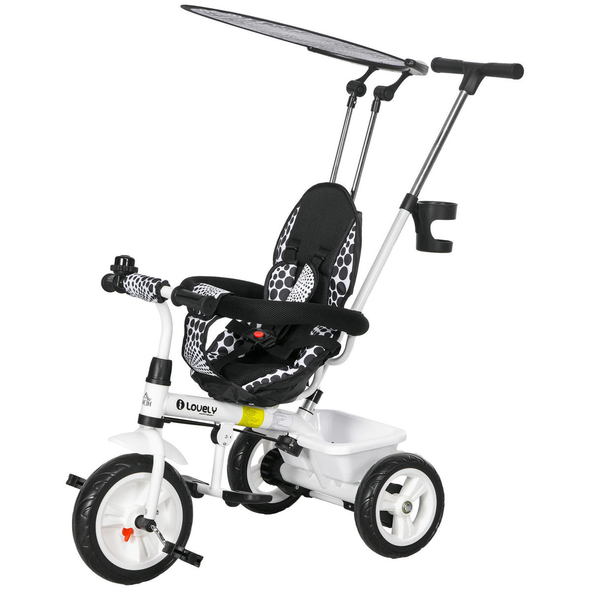 KINDERDREIRAD DE-10439 6-in-1 mit Schiebestange & Dach Weiß - Weiß, Metall (105/47/98cm) - ComfortXL