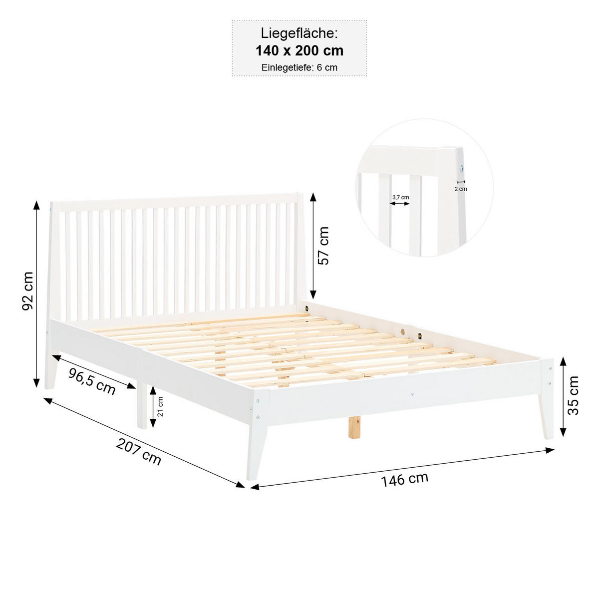 BETT 140/200 cm weiß Kopfteil - Weiß, Holz (140/200cm) - Homestyle4u