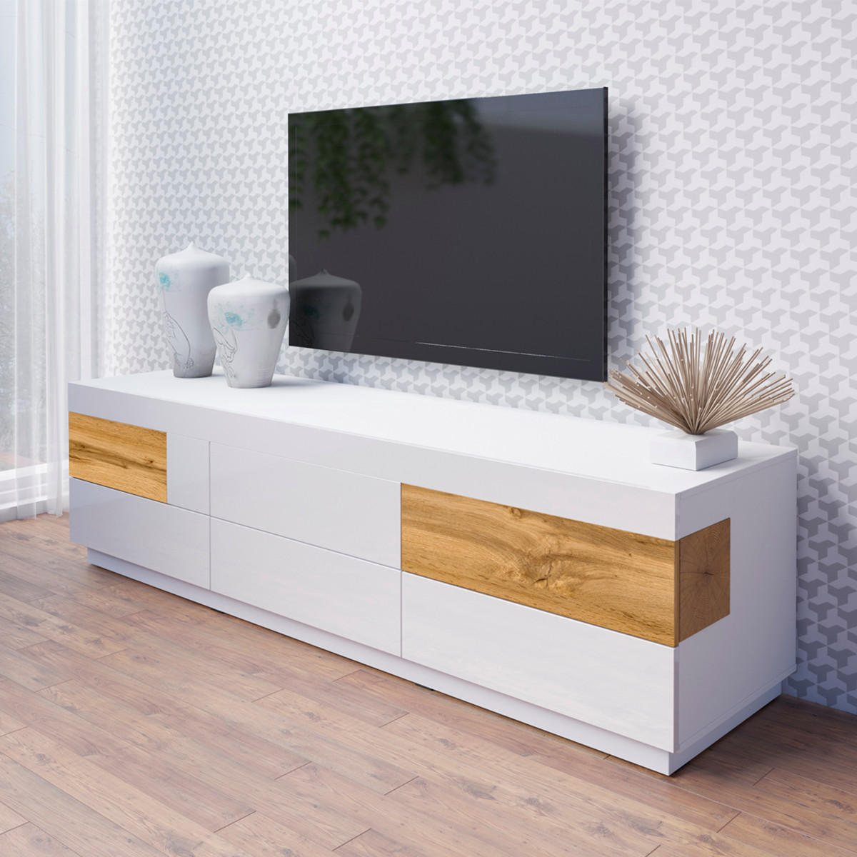 TV-MÖBEL Andrea Weiß und Holz - Weiß, Holzwerkstoff (206/54/50cm) - Petits-meubles