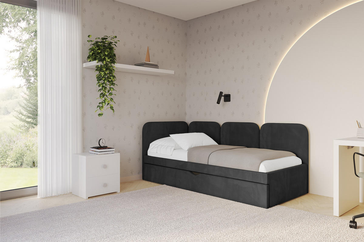 EINZELLBETT Jugendbett mit Bettkasten, Rechts - ALVY 80x200 Schwarz - Schwarz, Holzwerkstoff/Textil (80/200cm) - ALTDECOR