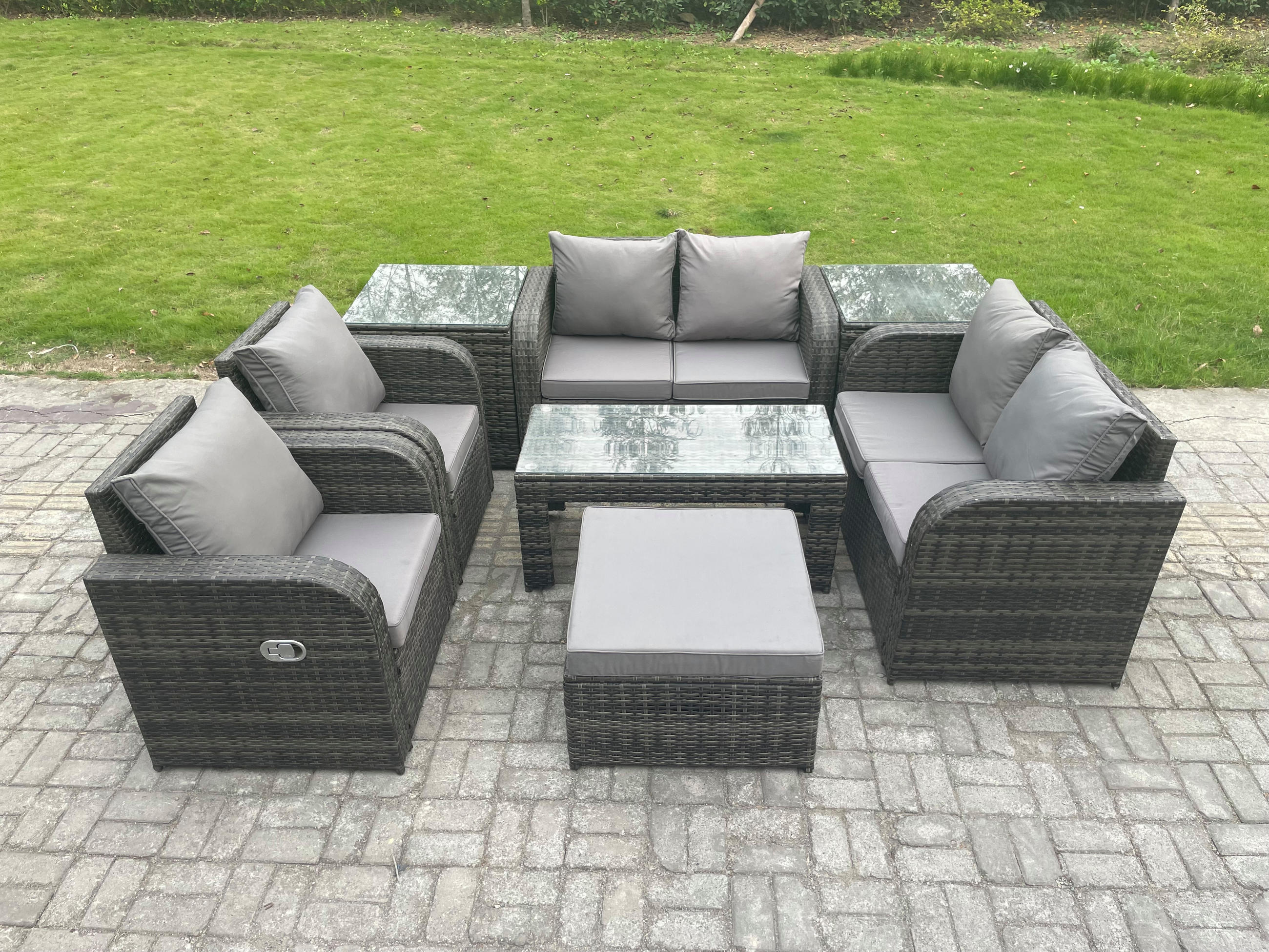 GARTENSOFA SET mit LIEGESTUHL Polyrattan 7-Sitzer Dunkelgrau - Dunkelgrau/Grau, Glas/Kunststoff - Fimous