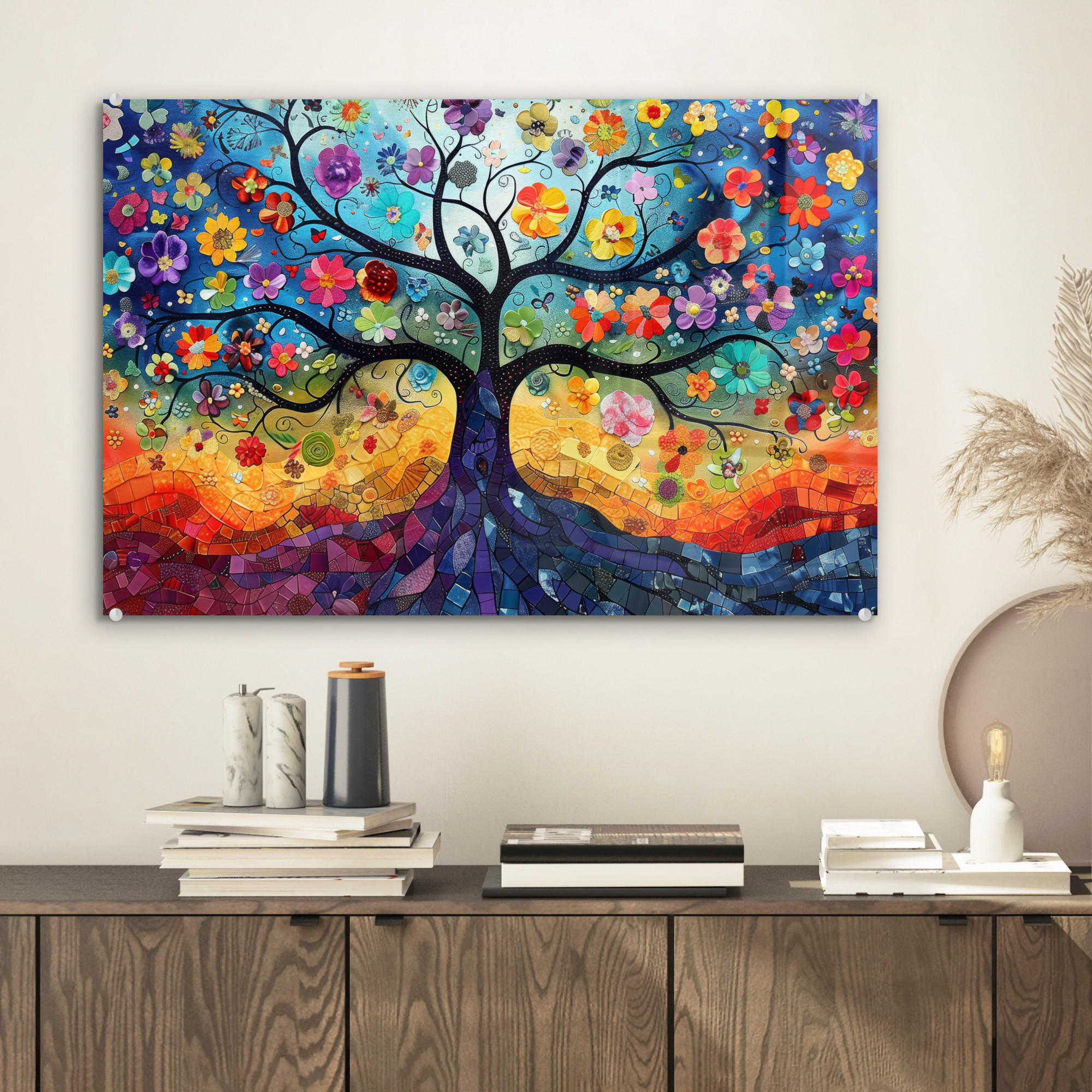 ACRYLGLASBILD Kunst - Baum des Lebens - Blumen - Hippie 60x40 cm - Dunkelblau, Glas (60/40cm) - MuchoWow