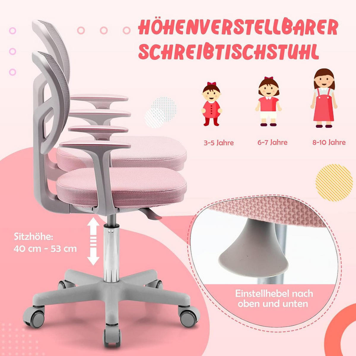 KINDER‑BÜROSTUHL 360°drehbar rosa - Pink, Kunststoff (54/80/54cm) - COSTWAY