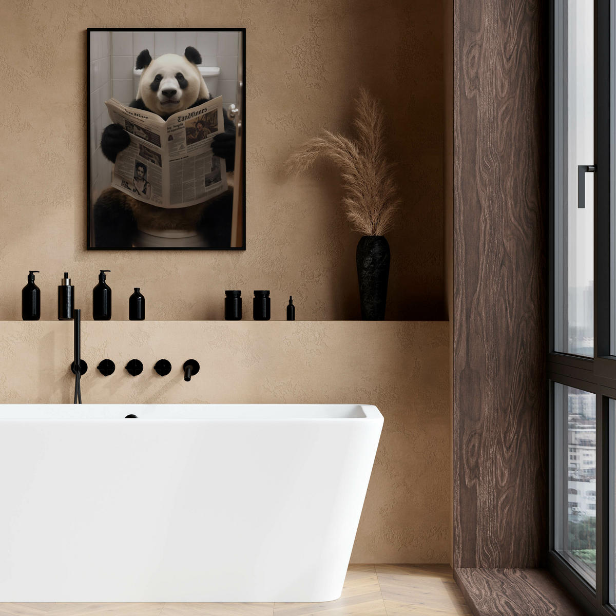 POSTER für Badezimmer WC PANDA auf Toilette mit Zeitung Abstraktion 30x40cm - Beige/Schwarz, Papier (30/40/40cm) - Muralo