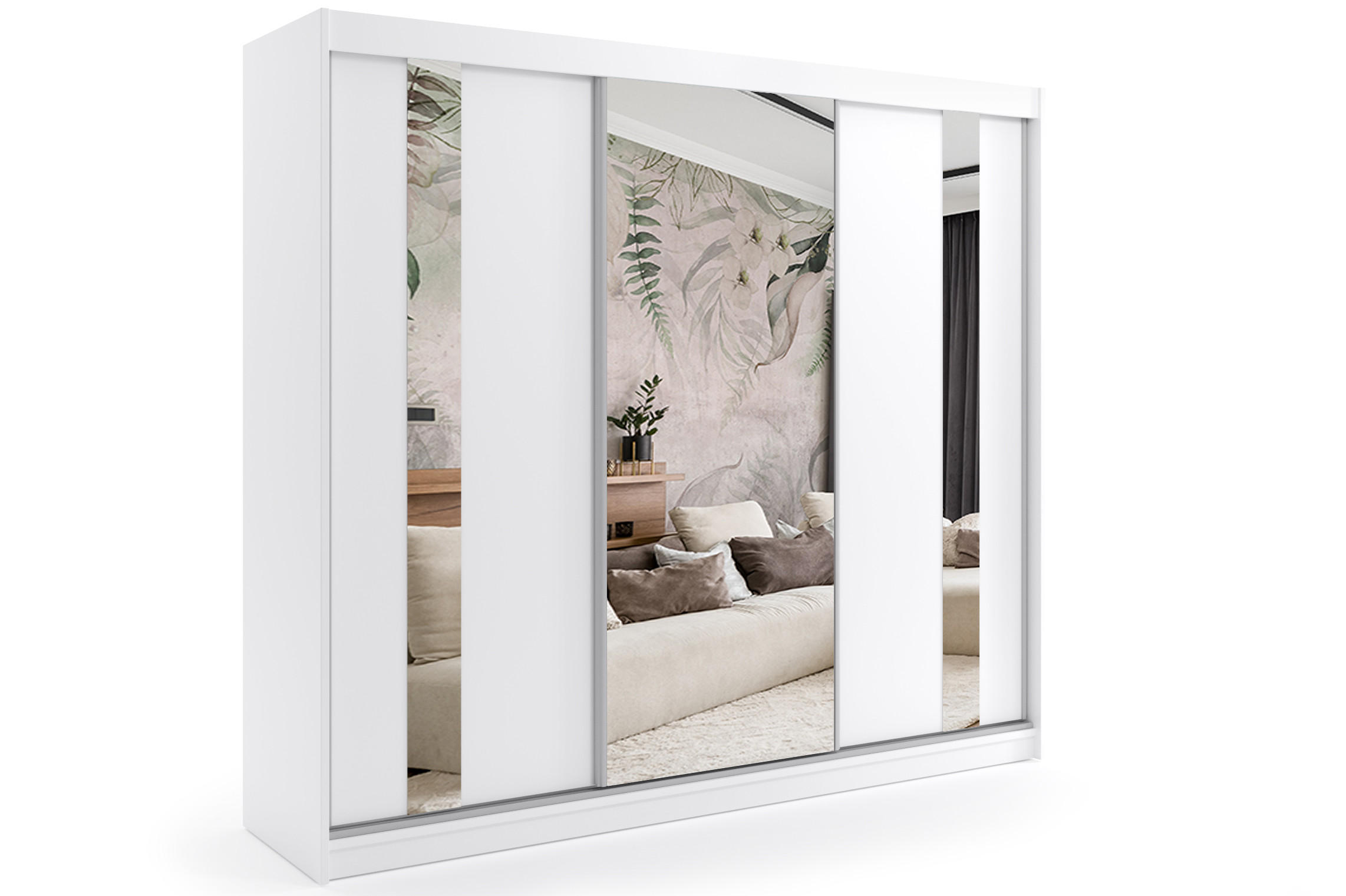 ALTDECOR ŠATNÍ SKŘÍŇ s zrcadlovými posuvnými dveřmi a hliníkovými lamelami – GRACE – 240 cm, bílá