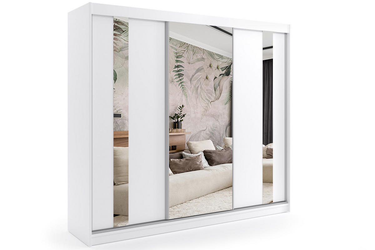 KLEIDERSCHRANK mit Spiegel-Schiebetüren und Aluminium-Leisten - GRACE - 240 cm Weiß - Weiß, Holzwerkstoff (240/216/61cm) - ALTDECOR