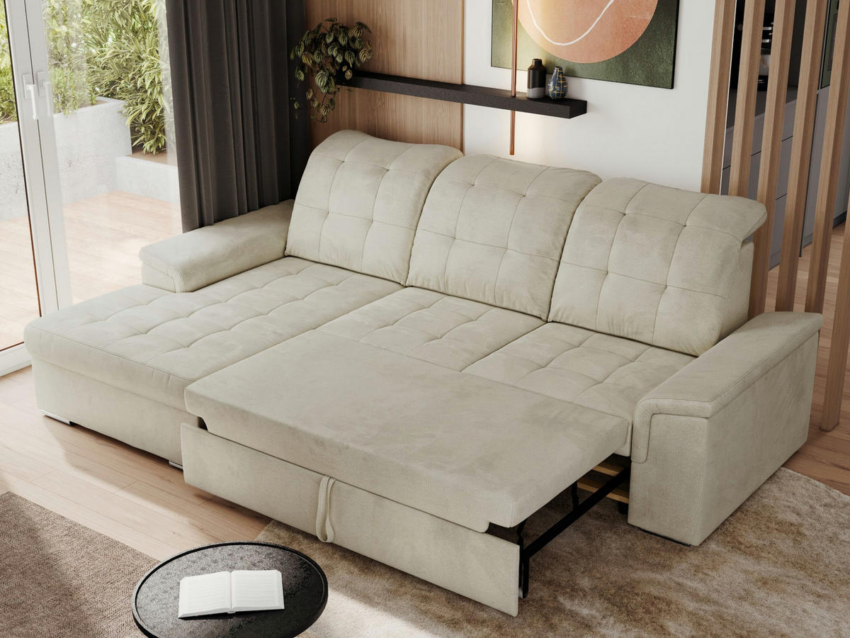 ECKSOFA MADRITO L - Beige Velorus - Links - Beige/Silberfarben, Textil/Metall (160/256cm)