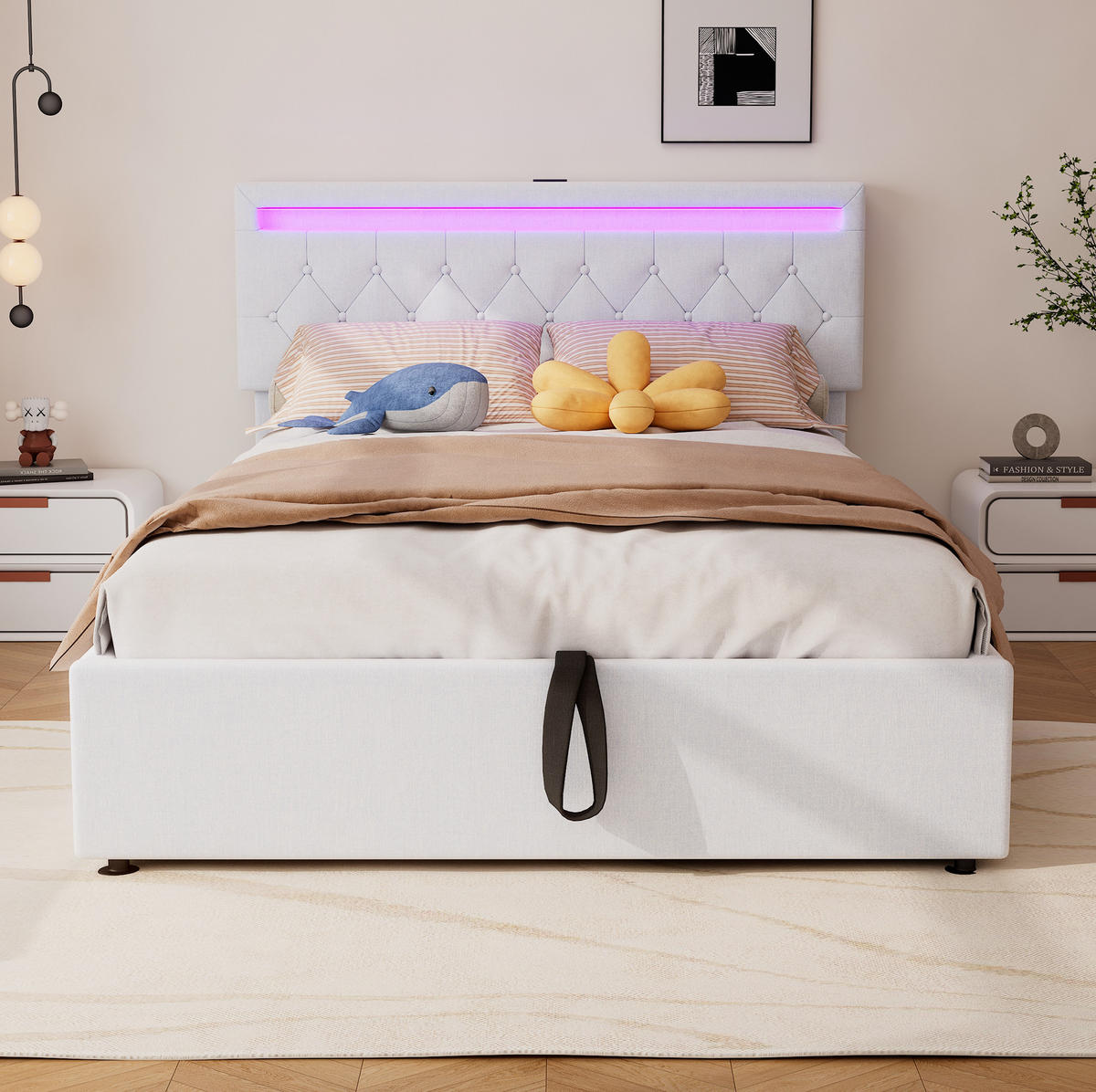BETT mit Stauraum 140x200 cm Leinen Weiß mit LED, USB und USB-C - Weiß, Metall (140/200cm) - Meubliv