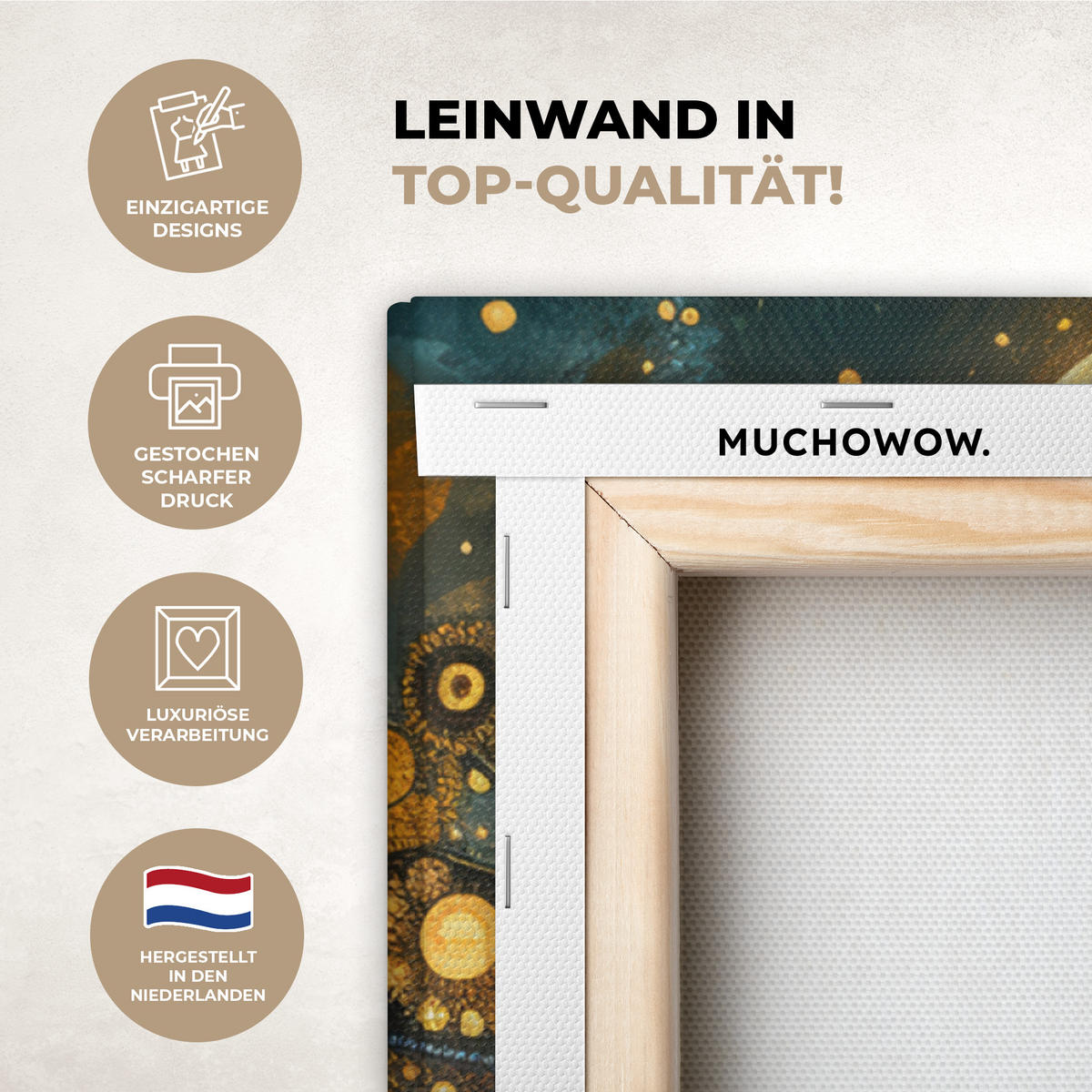 LEINWANDBILD Baum - Mond - Blumen - Gold - Kunst Deko Groß 90x90 cm - Orange, Textil (90/90cm) - MuchoWow