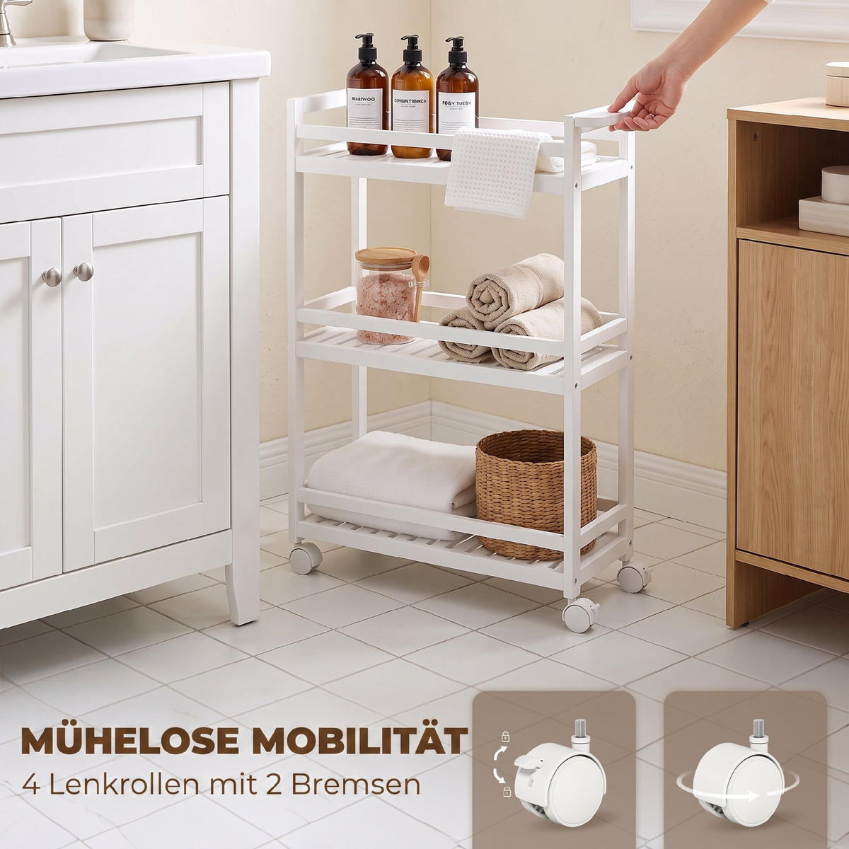 ROLLWAGEN Bambus Weiß - Weiß, Naturmaterialien/Holz (20/75/55cm) - HOMCOM