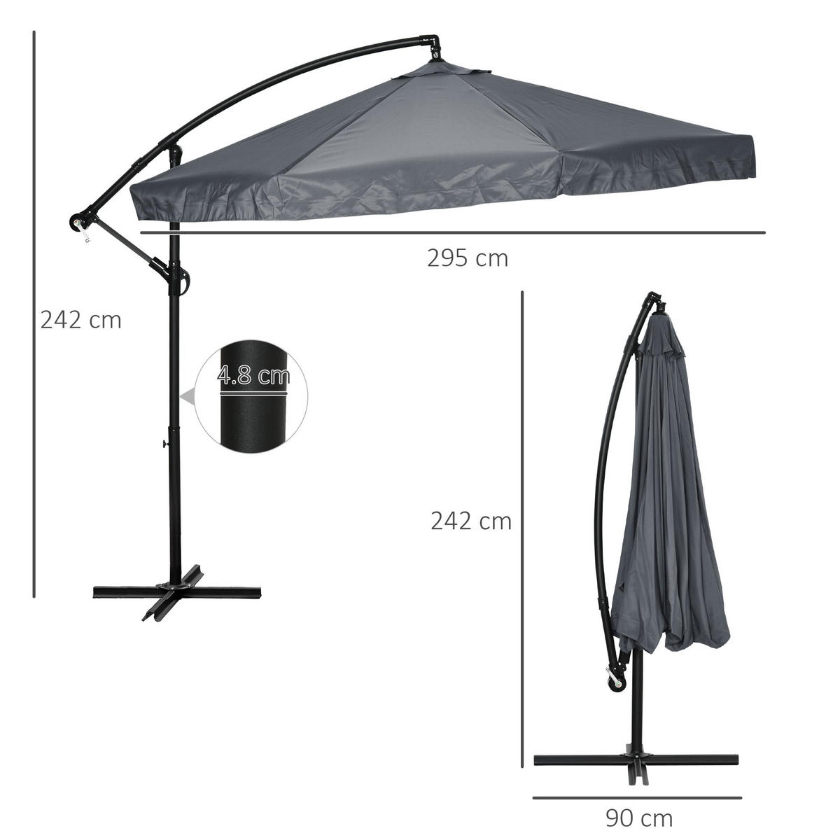AMPELSCHIRM 295x295 cm drehbar Stahl - Dunkelgrau, Metall (295/295cm) - LEBENLANG