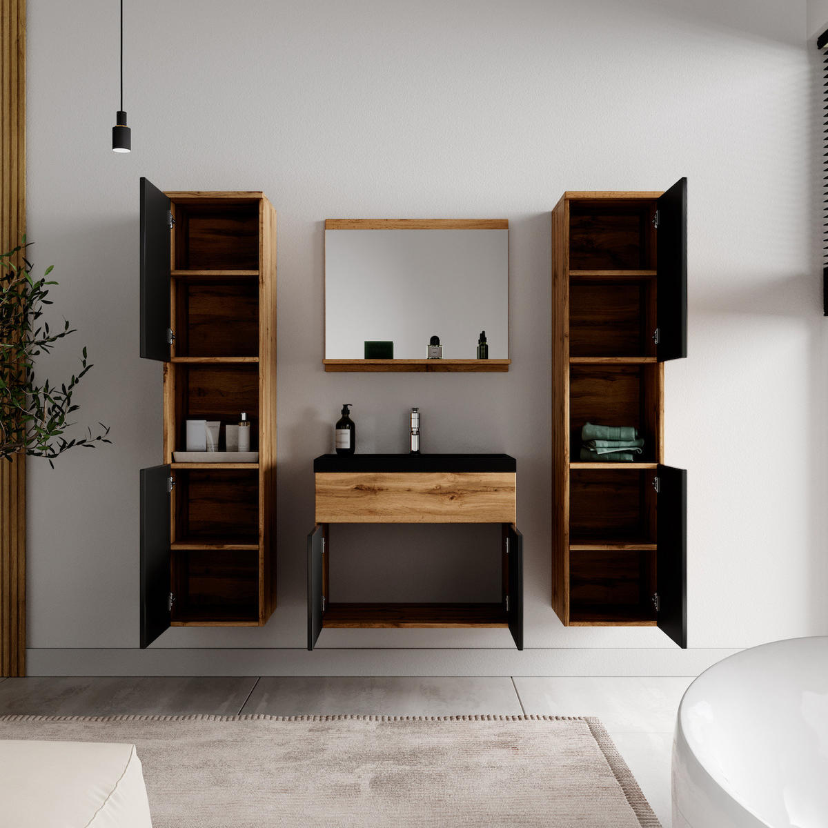 BADMÖBEL-SET Montreal 5 Teile Eiche / Schwarz - Schwarze Waschbecken - 60 x 35 x 51 cm - Eichefarben/Schwarz, Holz (60/51/35cm) - Badplaats