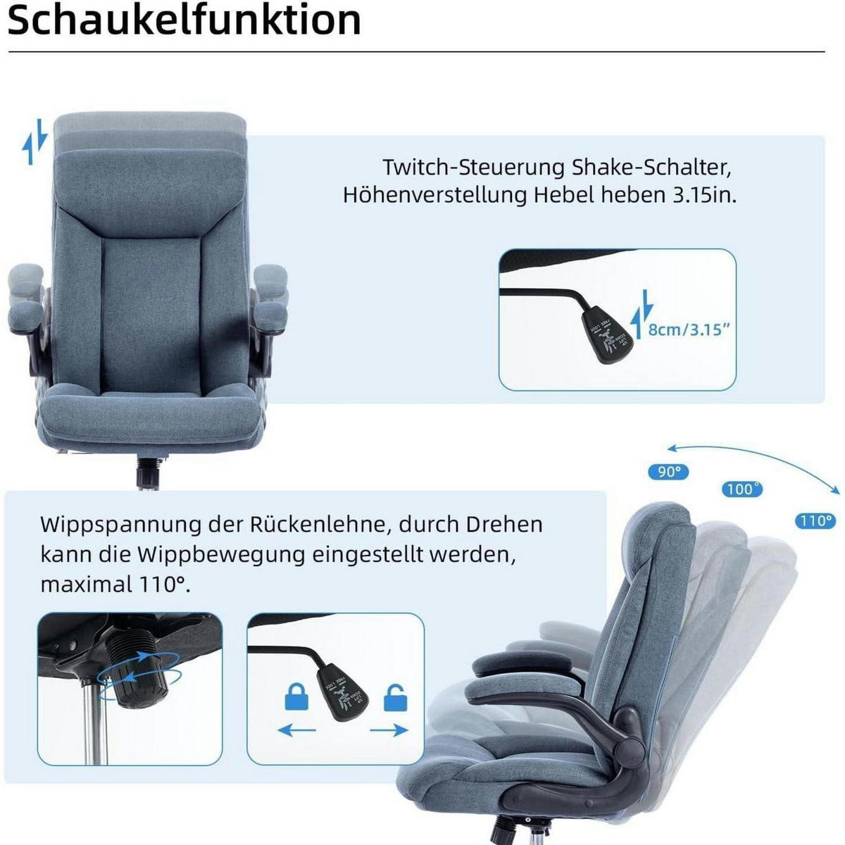 BÜROSTUHL mit hochklappbarer Armlehne Stoff Blau - Blau, Textil (68/113/70cm)