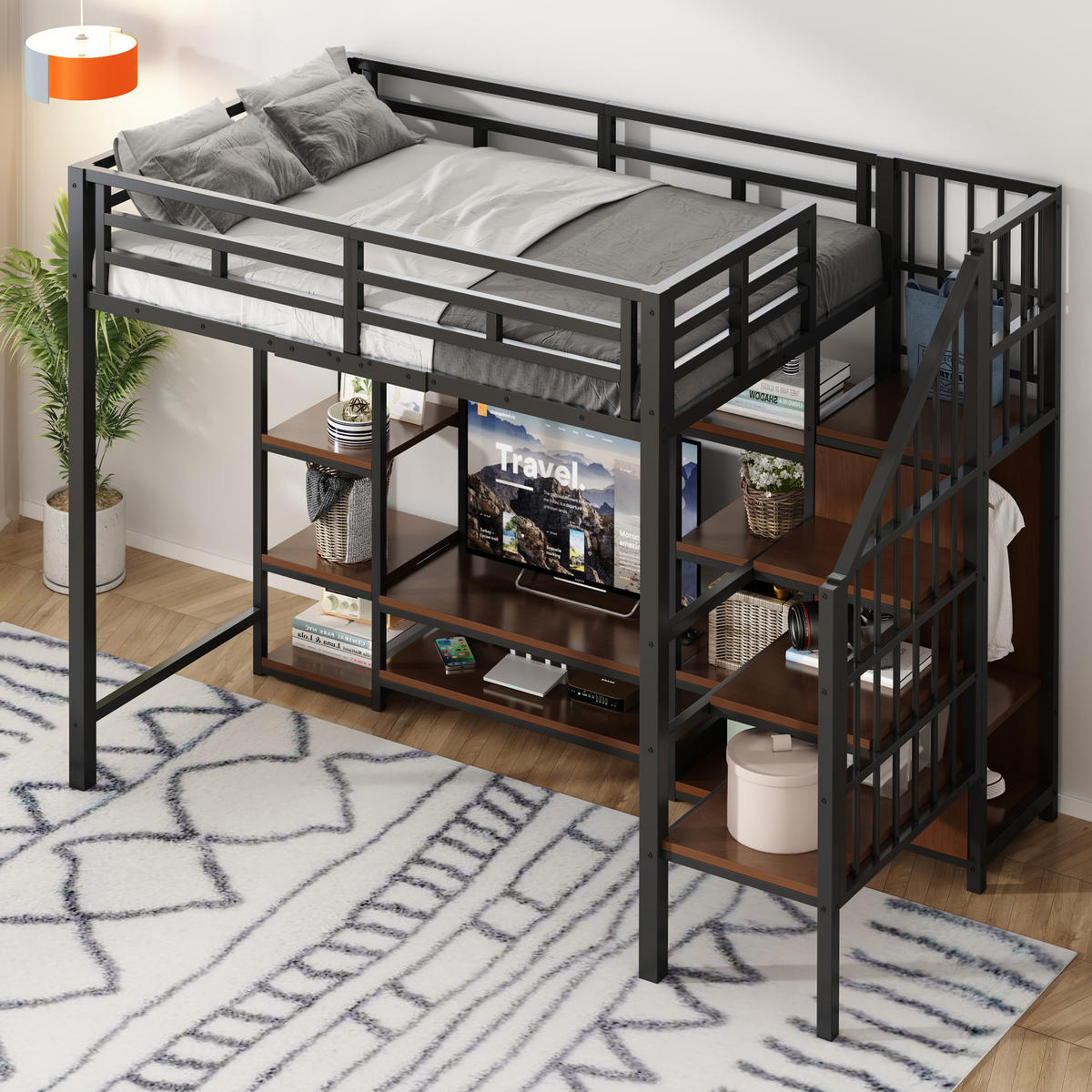 HOCHBETT 90x200 Metall Holz TV-Ständer Steckdose Stauraum Schwarz - Schwarz, Metall - FLIEKS