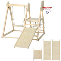 KLETTERGERÜST-MONTESSORI mit Rutsche Schaukel und Basketballkorb - Naturfarben, Holz (133/43/140cm) - AIYAPLAY