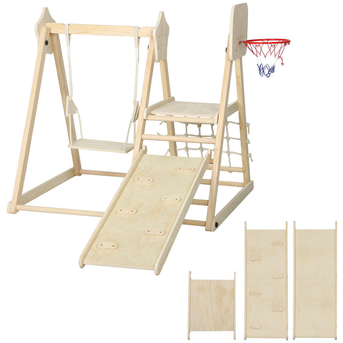 KLETTERGERÜST-MONTESSORI mit Rutsche Schaukel und Basketballkorb - Naturfarben, Holz (133/43/140cm) - AIYAPLAY