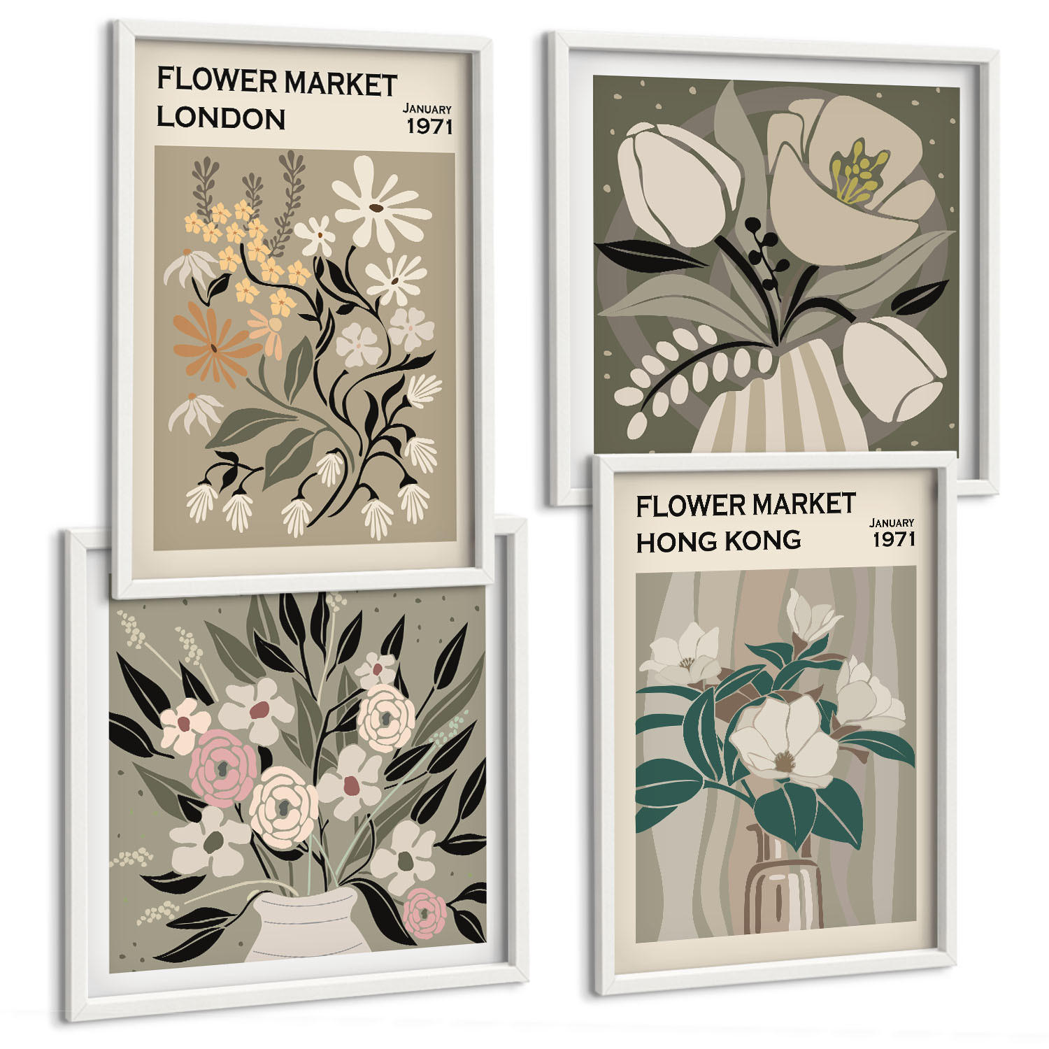 BILDER SET 4er Set - 50x50 cm & 40x60 cm Weißer Rahmen - Blumenillustrationen London Hongkong - Weiß, Kunststoff (50/50cm) - TULUP