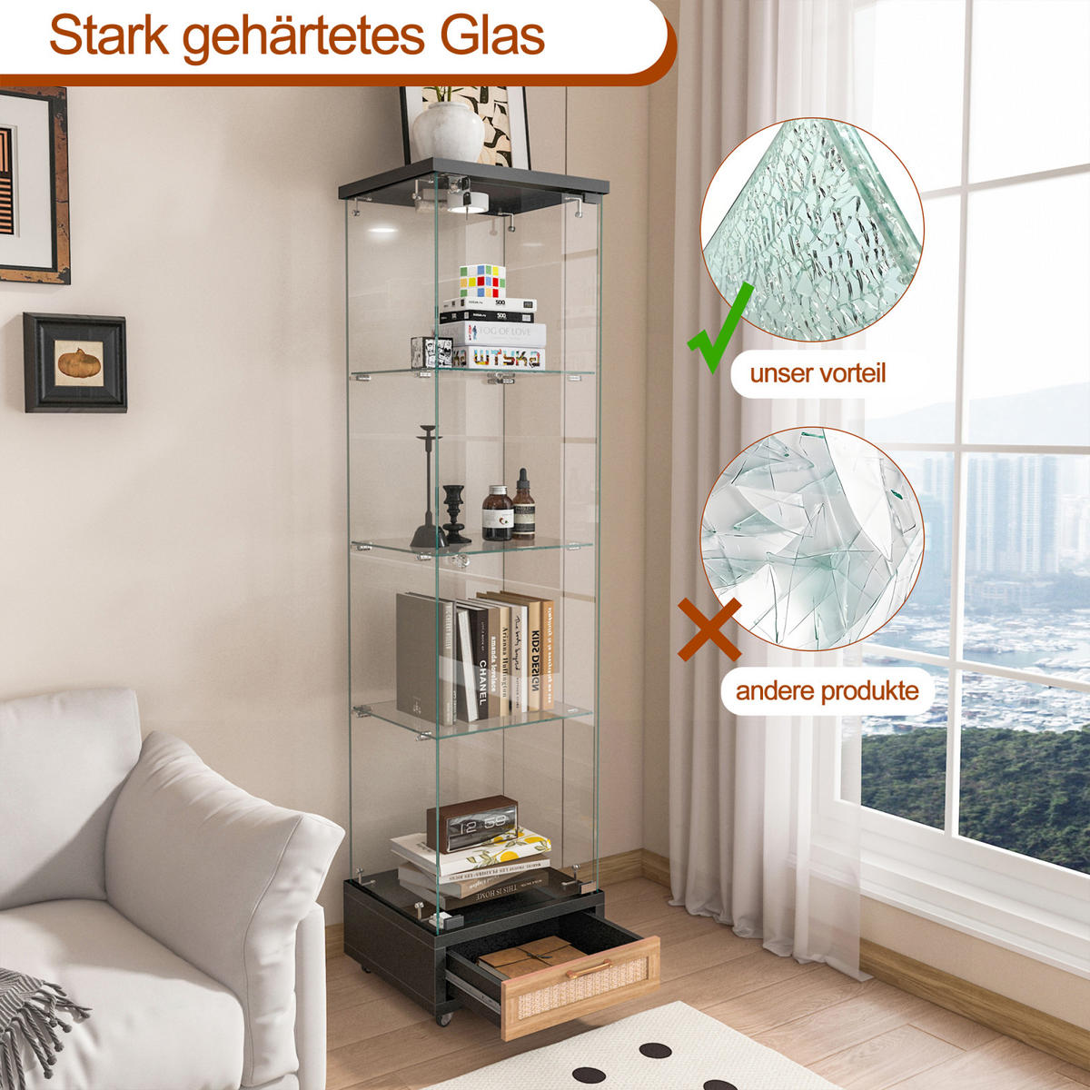VITRINENSCHRANK 167/43/37 cm,Vitrine mit LED und Schubladen aus gehärtetem Glas Schwarz - Schwarz, Glas (42/167/36cm) - PARAFTA HOME