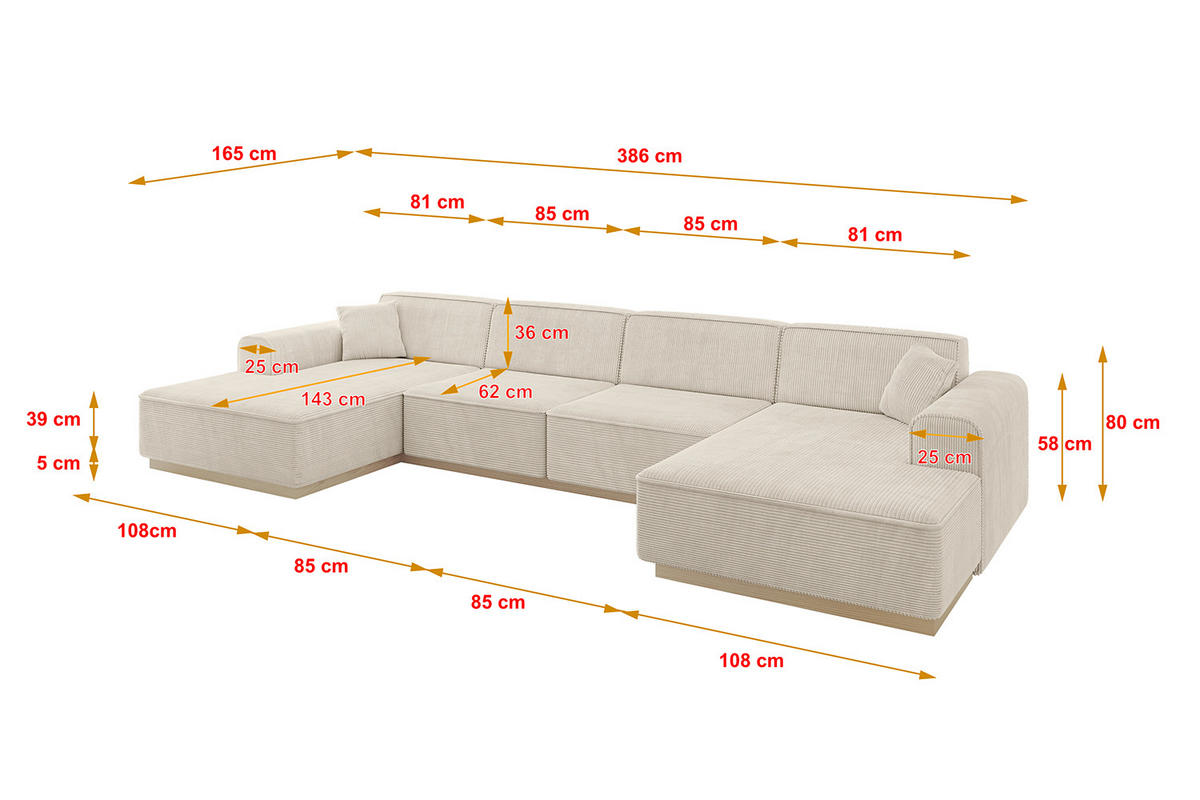 WOHNLANDSCHAFT IREA-U2 - 386x165x80 cm Beige - Beige/Weiß, Holzwerkstoff/Textil (386/80/165cm) - ALTDECOR