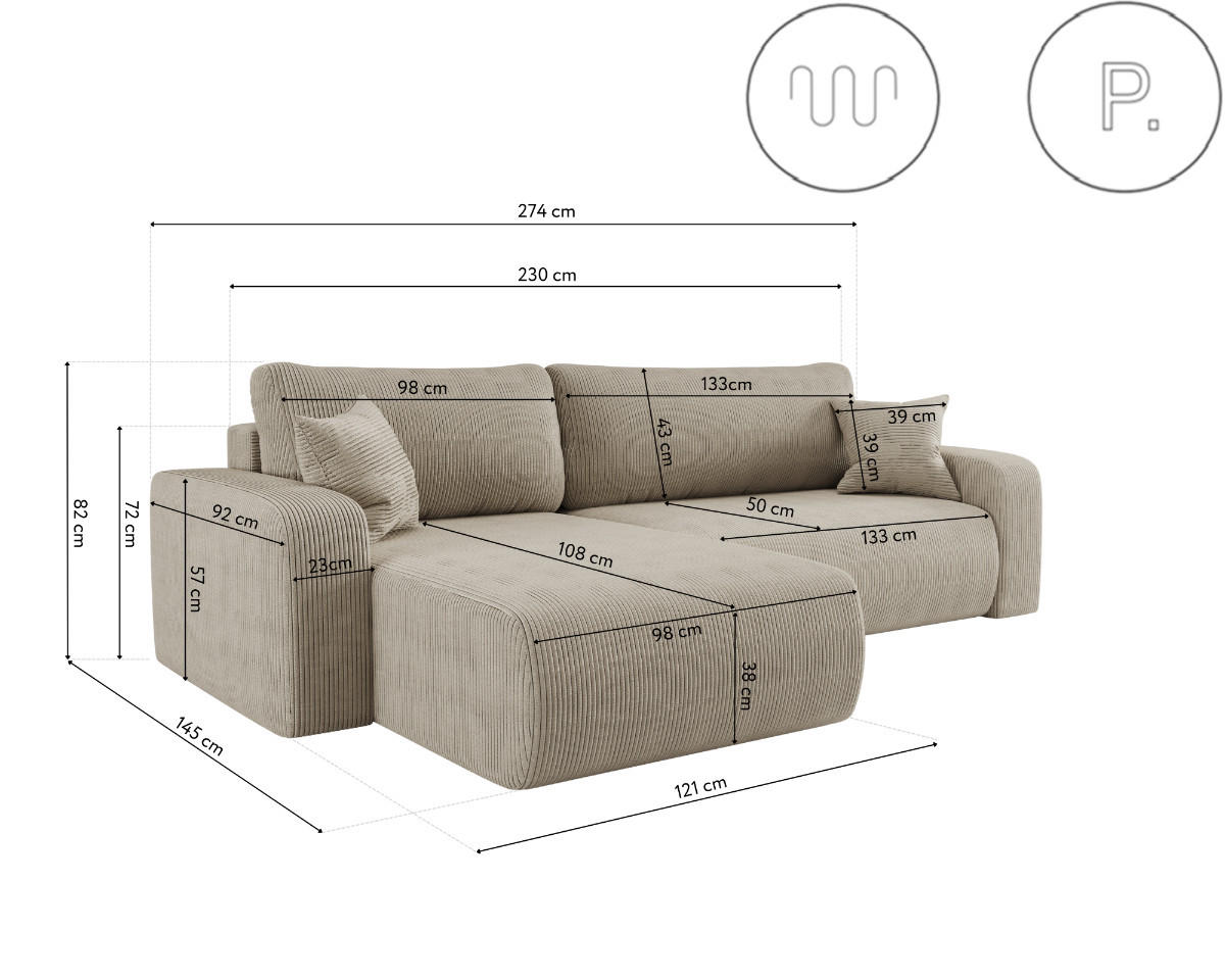 SCHLAFSOFA MILANO XL und bettkasten stoff Poso Dicker Cord Dunkelbeige Links - Beige, Holz (274/82/145cm) - Kaiser Möbel