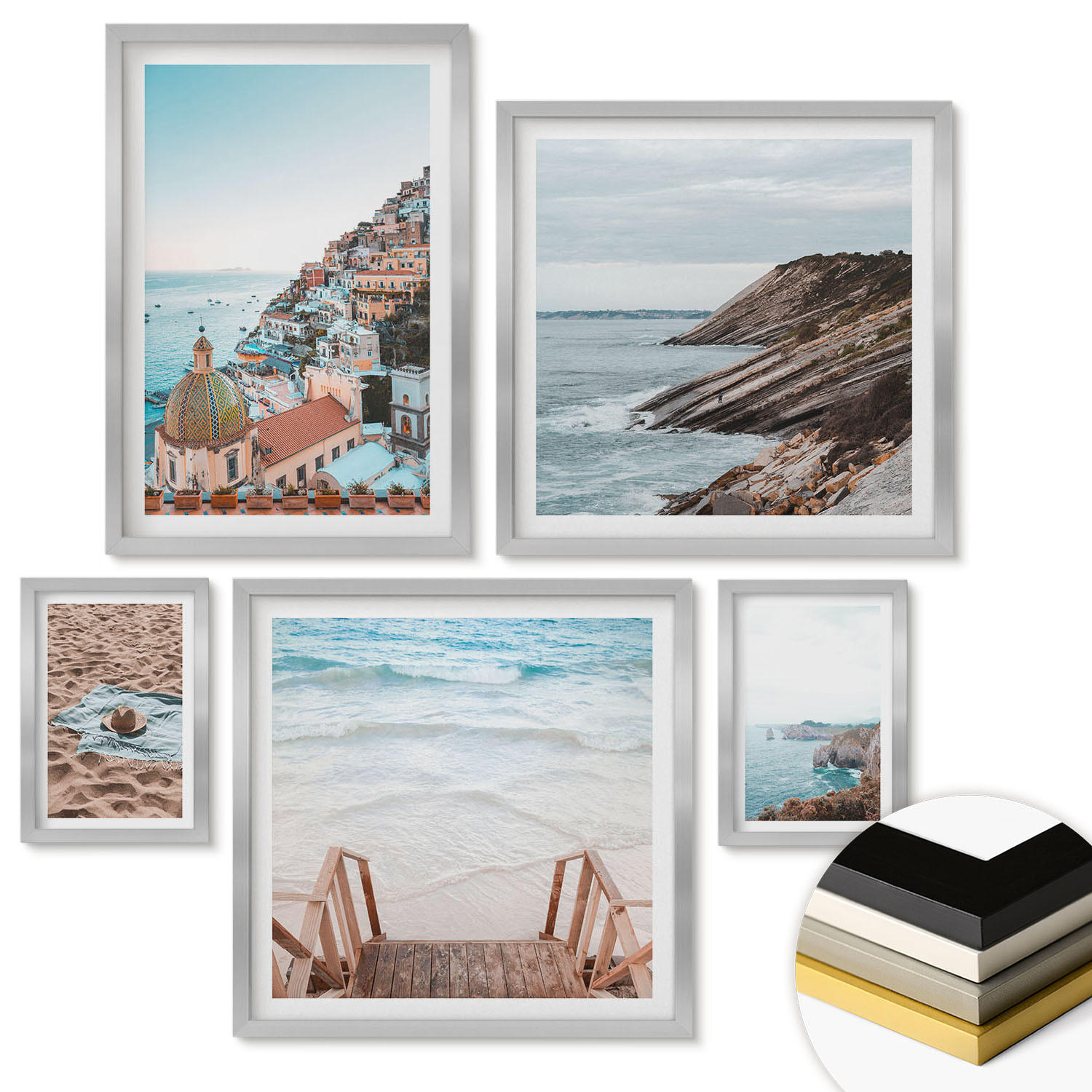 WANDBILDER 5er Set - 50x50 cm & 20x30 cm & 40x60 cm Silberner Rahmen - Berglandschaften und Wasserfälle - Silberfarben, Kunststoff (40/60cm) - ArtPrintCave