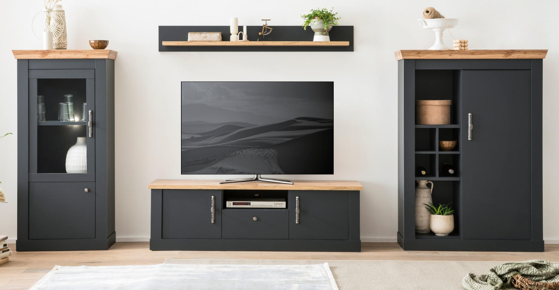 WOHNWAND 4-teilig grau, Eiche Wotan, Landhaus 357 x 170 cm, Wohnkombination mit Soft-Close - Silberfarben/Eiche Wotan, Glas/Holzwerkstoff (357/170/45cm) - Furn.Design
