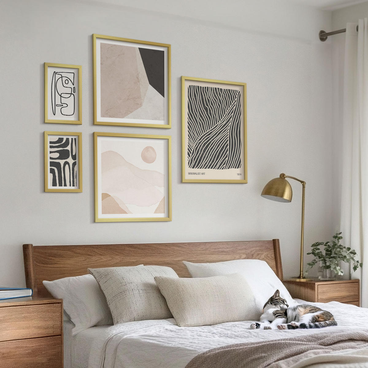 BILDER SET 5er Set - 50x50 cm & 20x30 cm & 40x60 cm Goldrahmen - Abstrakte Muster mit Linien - Goldfarben, Kunststoff (40/60cm) - TULUP